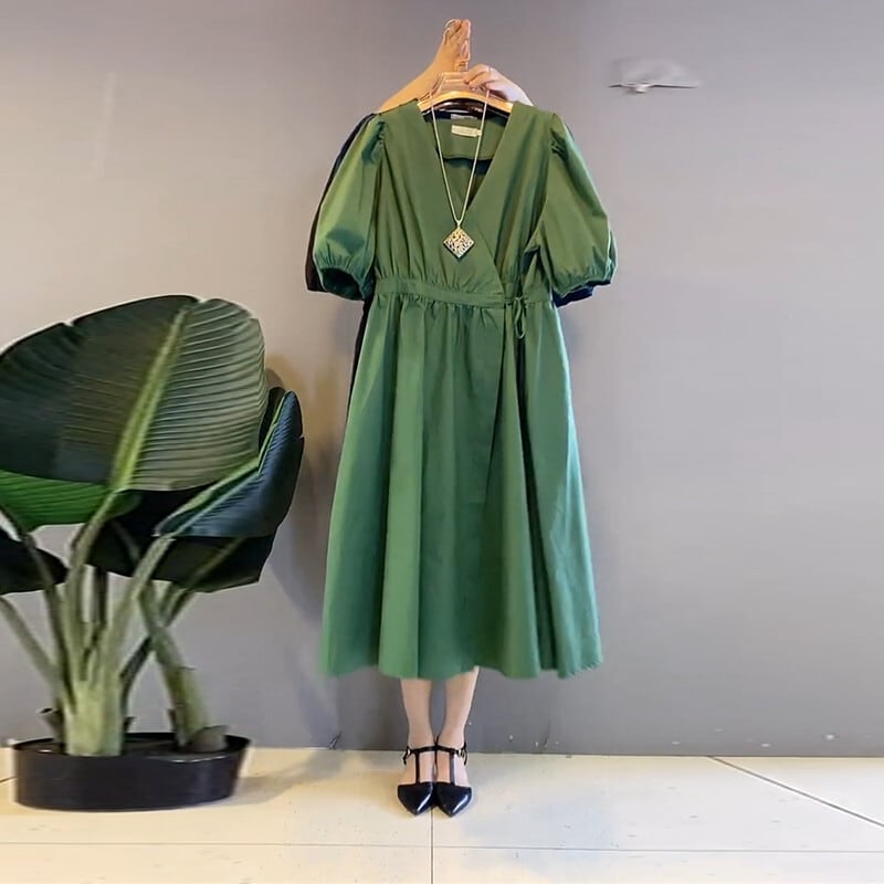 Vネックハイウェストルーズロングドレス サマー レース エレガント 夏物 レースアップ ミックスインファッション62278283498