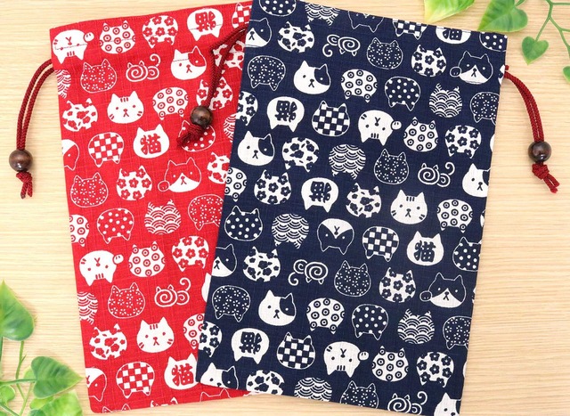 京佑 日本製 御朱印帳 巾着 袋 ケース 入れ ご朱印帳 にゃんこもん 猫 紺 18×26.5cm