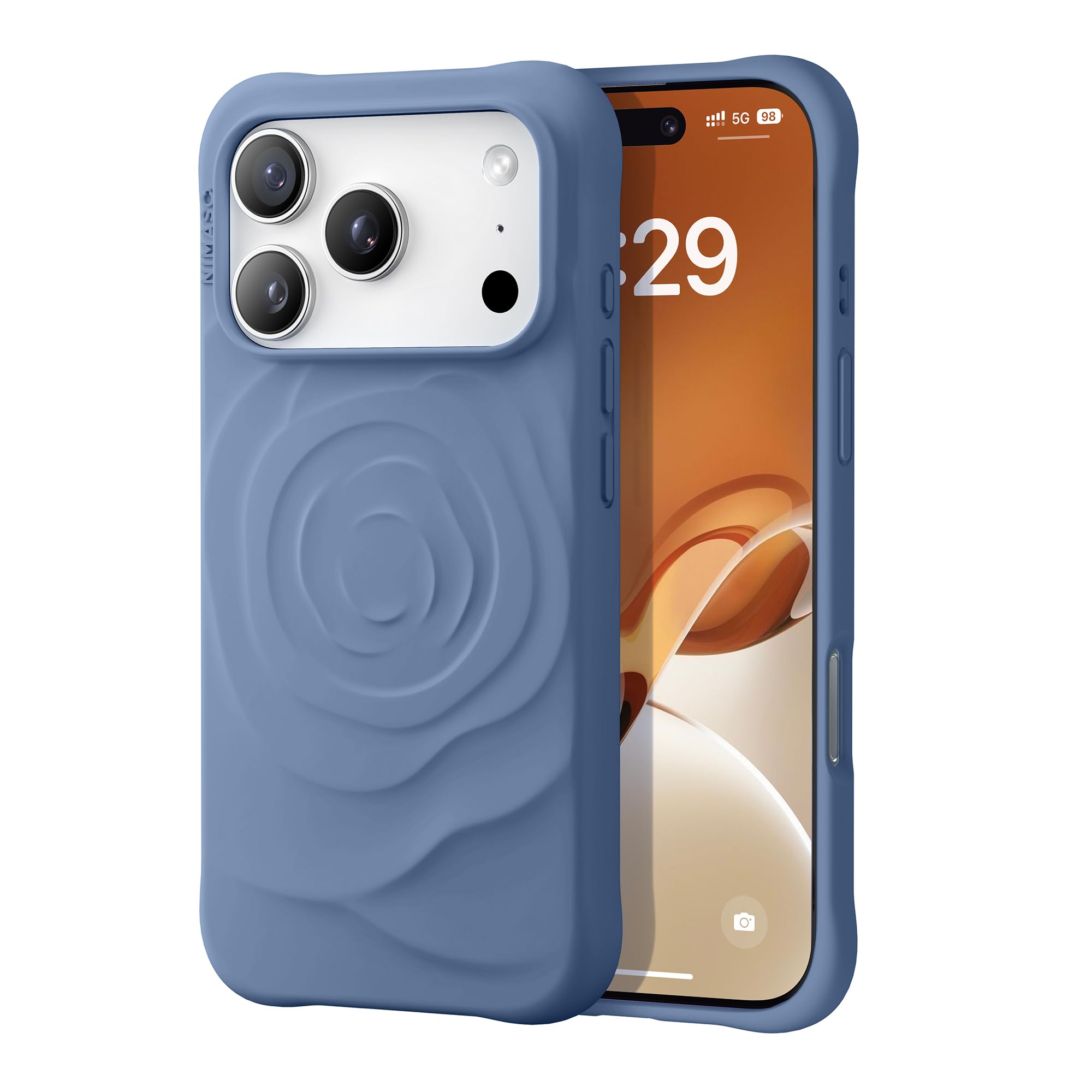 NIMASO iPhone 18 Pro / 17 Pro 用 ケース MagSafe対応 シリコン かわいい 耐衝撃 花柄 おしゃれ ブルー
