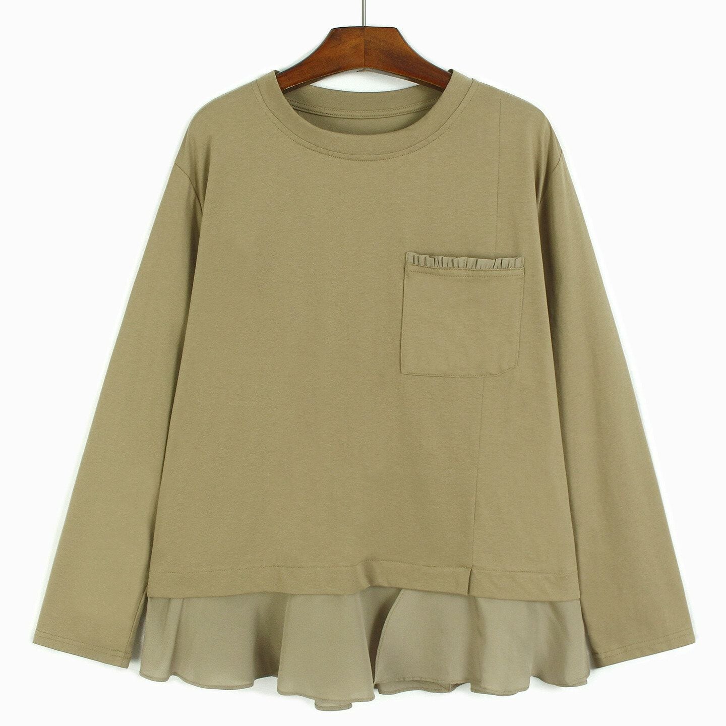 POCKET RUFFLE HEM LONG SLEEVE T SHIRT M-14542