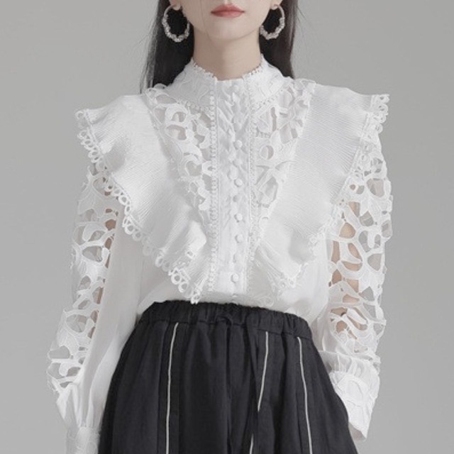 Stand collar lace switch frill long sleeve blouse【2color】 C0976