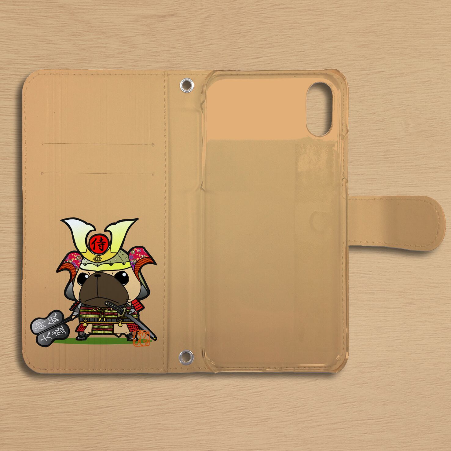 スタンド付き 両面印刷 手帳型 iphoneケース パグ侍（フォーン）