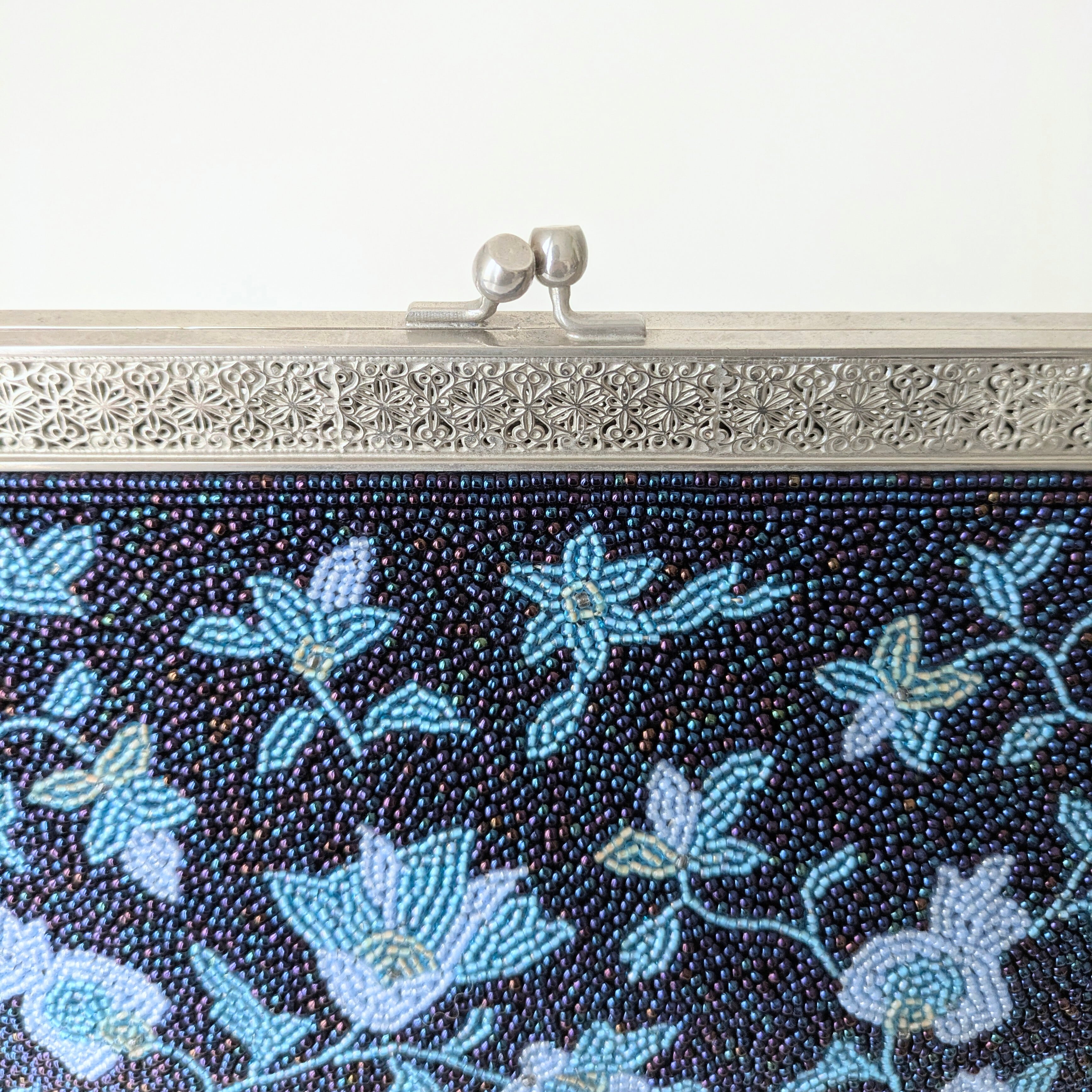 Vintage】ビーズ刺繍バッグ 青 花柄 パーティーバッグ クラッチバッグ