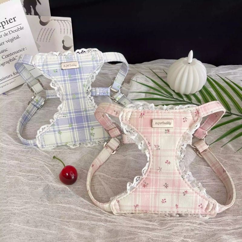 レース付チェック柄のハーネスとリードのセット 01044