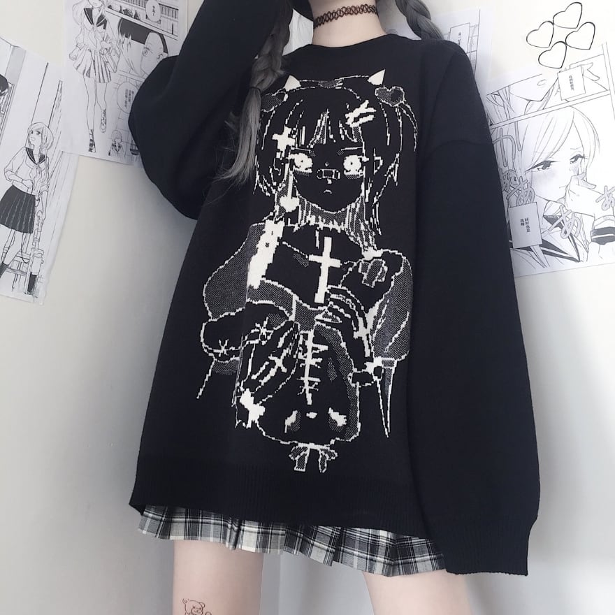 【病み可愛い】オーバーサイズ 少女グラフィックニット | 地雷系 ゴシック 甘辛 ロリパン風
