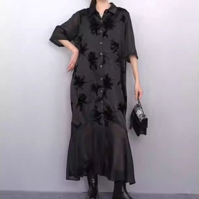 ボタンフロント マキシ丈 半袖 シャツワンピース 1color ON1023