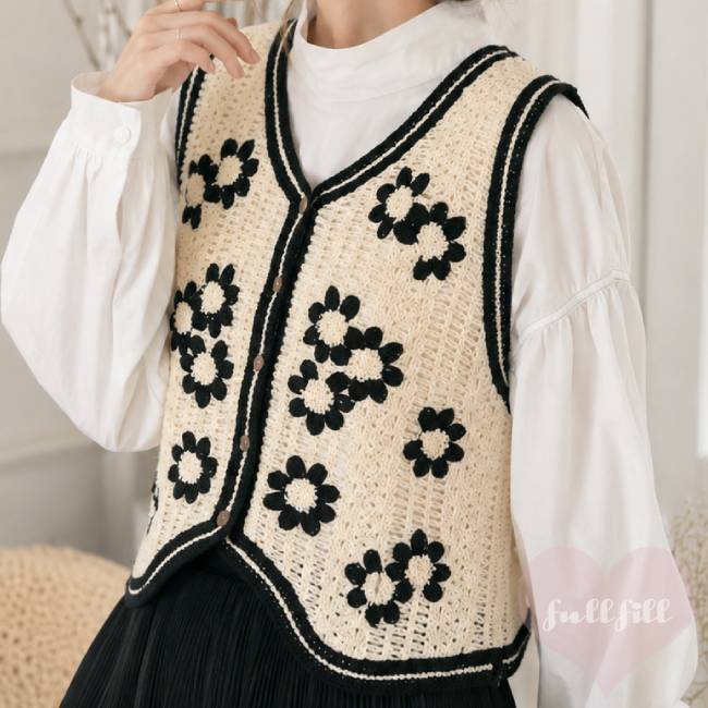 花模様が可愛いクロシェ編みニットベスト レトロ | FULLFILL