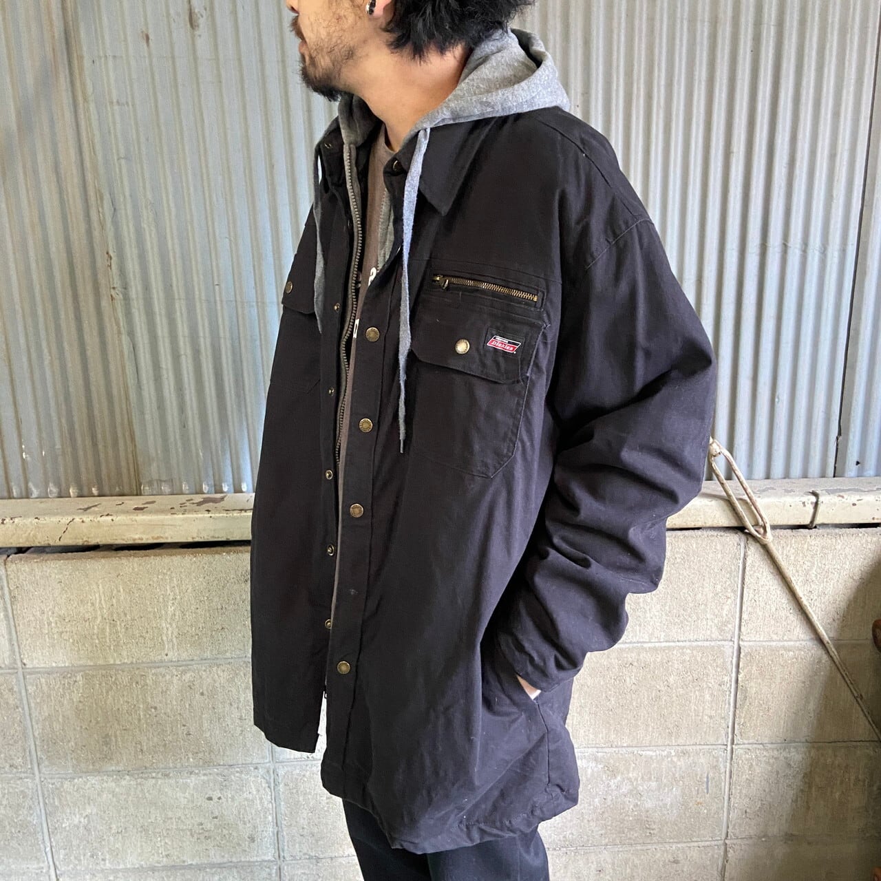 Dickies ワークシャツジャケット M L レイヤード風 フード