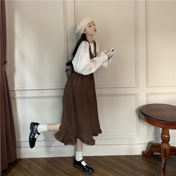 スリングスカート女性の2020年初秋新しいレトロなフレンチウッドの耳巾着ルーズドレス+白いシャツ クレセントシティ61213984480