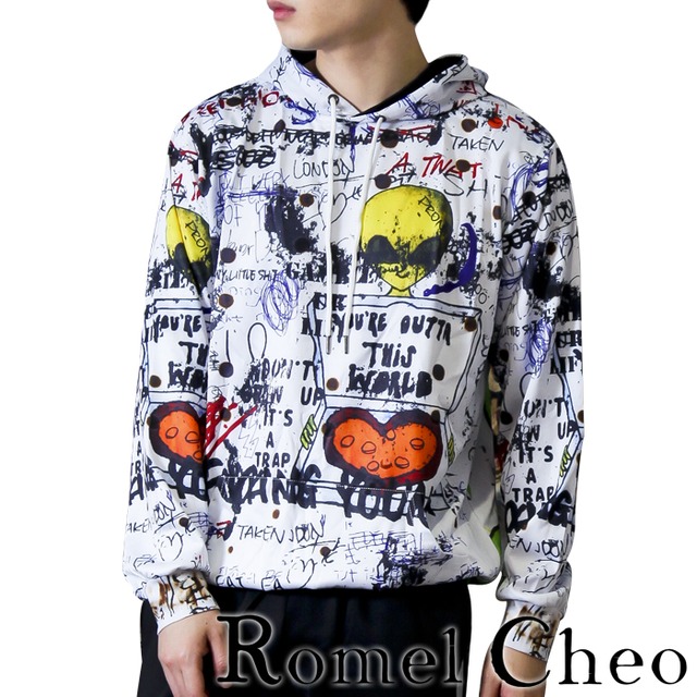 Romelcheo 落書き パーカーレディース メンズ ユニセックス 大きいサイズ フード付き フーディー スウェット ストリート系 カジュアル ヒップホップ Hiphop 服 個性的 秋冬 春 宇宙人 長袖 プルオーバー ロメルチェオ Romelcheo