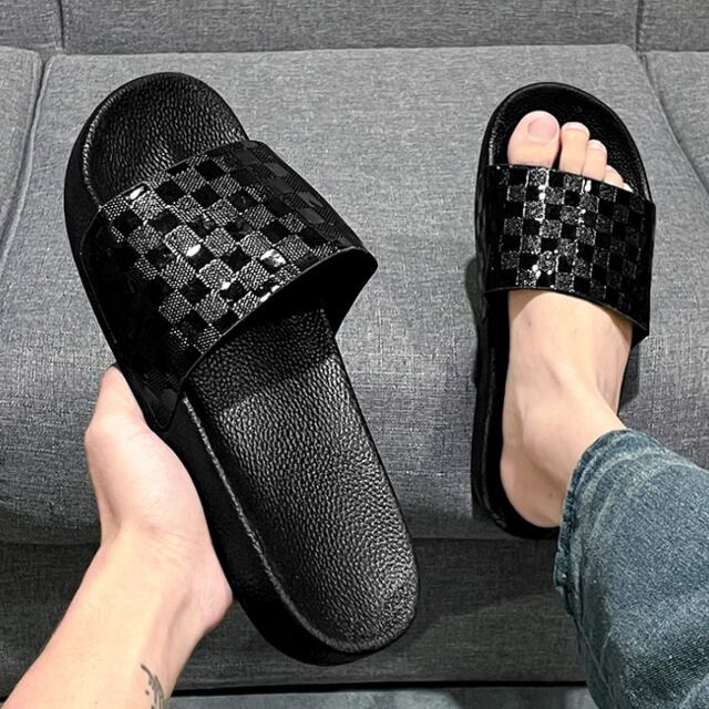 【予約販売】サンダル メンズ フラット スリッパ ブラック 格子柄/編込柄 カジュアル ビーチサンダル 靴 お洒落 ストリート 旅行 韓国 24.5cm/25cm/25.5cm/26cm/26.5cm/27cm/27.5cm