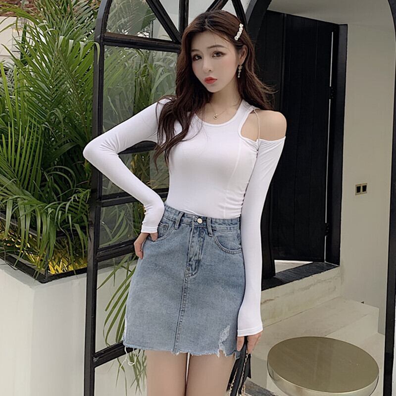 オータムスリムホワイトトップス ロング 秋物 オフショルダー ピュア ガールズファッション22332942952