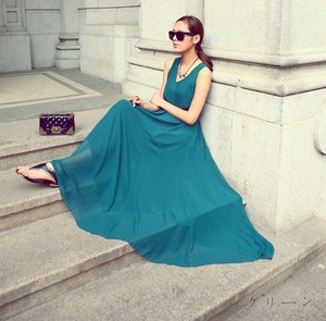 ★送料無料★Ｆ☆ウエストリボンベルト付マキシ丈のワンピ(OPN7977) 