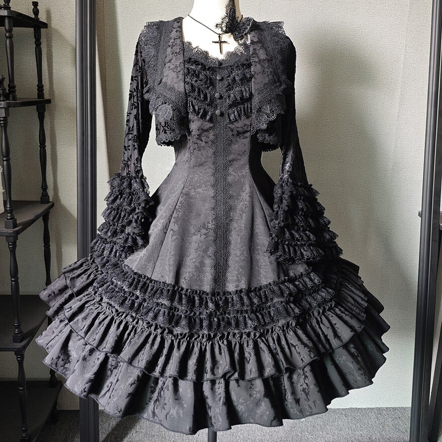 ゴスロリ 姫袖ジャケット ジャガード生地 フリル レース ダーク