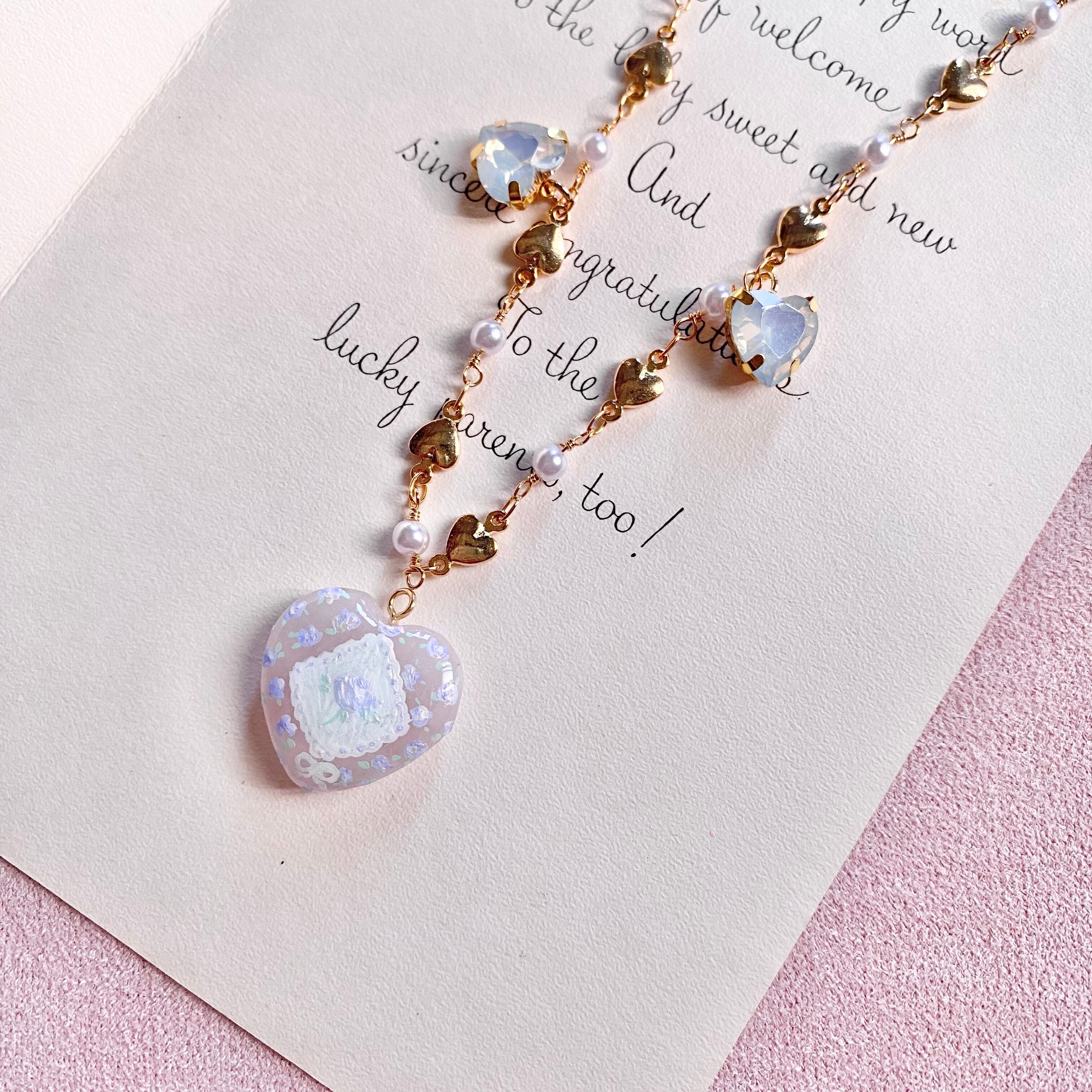 Hand painted heart stone neckless ペイントハンカチ柄ネックレス(BLUE)