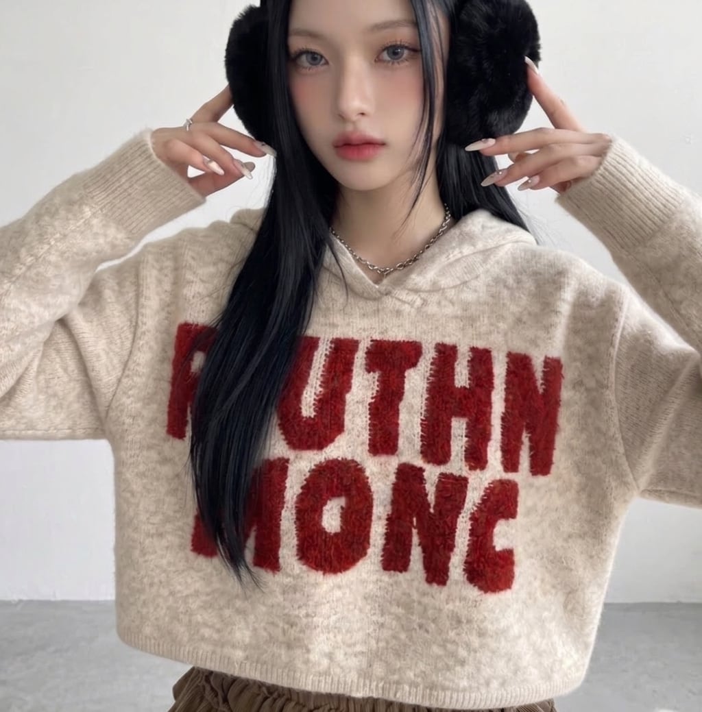 ナンバーミーTOKYO" LOGO HOODIE KNIT PULLOVER"IVORY