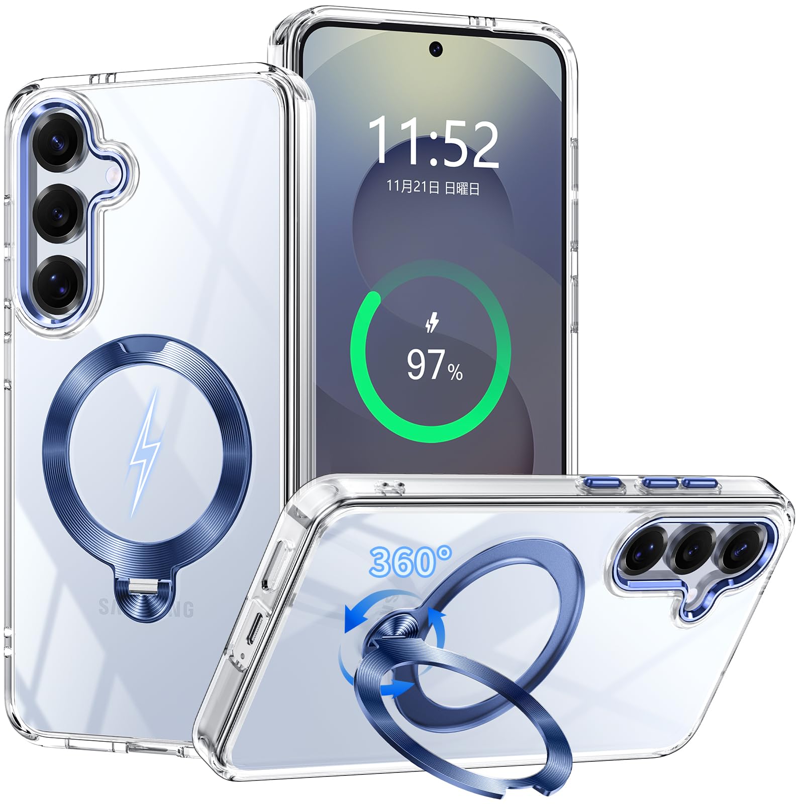 【360度回転スタンド・縦横両対応】Galaxy S24 用ケース MagSafe対応 Galaxy S25 用ケース リング付き (クリアブルー)