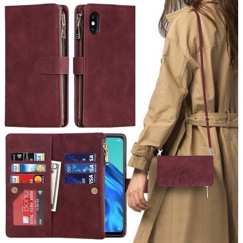 Xperia Ace II ケース 手帳型 ショルダー スペリアACE II スマホケース Xperia Ace ll ケース 携帯カバー ace2 ケース 手帳型 適用 CASE iCoverCase ストラップホール付き カード収納 バッグ マグネット 留め具 肩がけ 首掛け 斜め掛け カードケース ファスナー型 ストラップ付き カバー ショルダーケース クロスボディケース カード入れ スマホケース 携帯カバー ワインレッド 1169