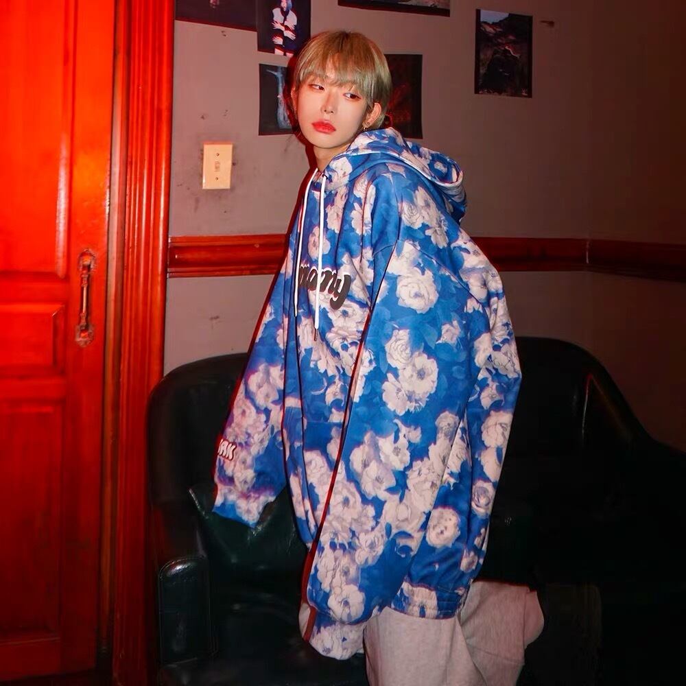 3カラー】花柄 パーカー 水色 トレーナー 花柄 オーバーサイ