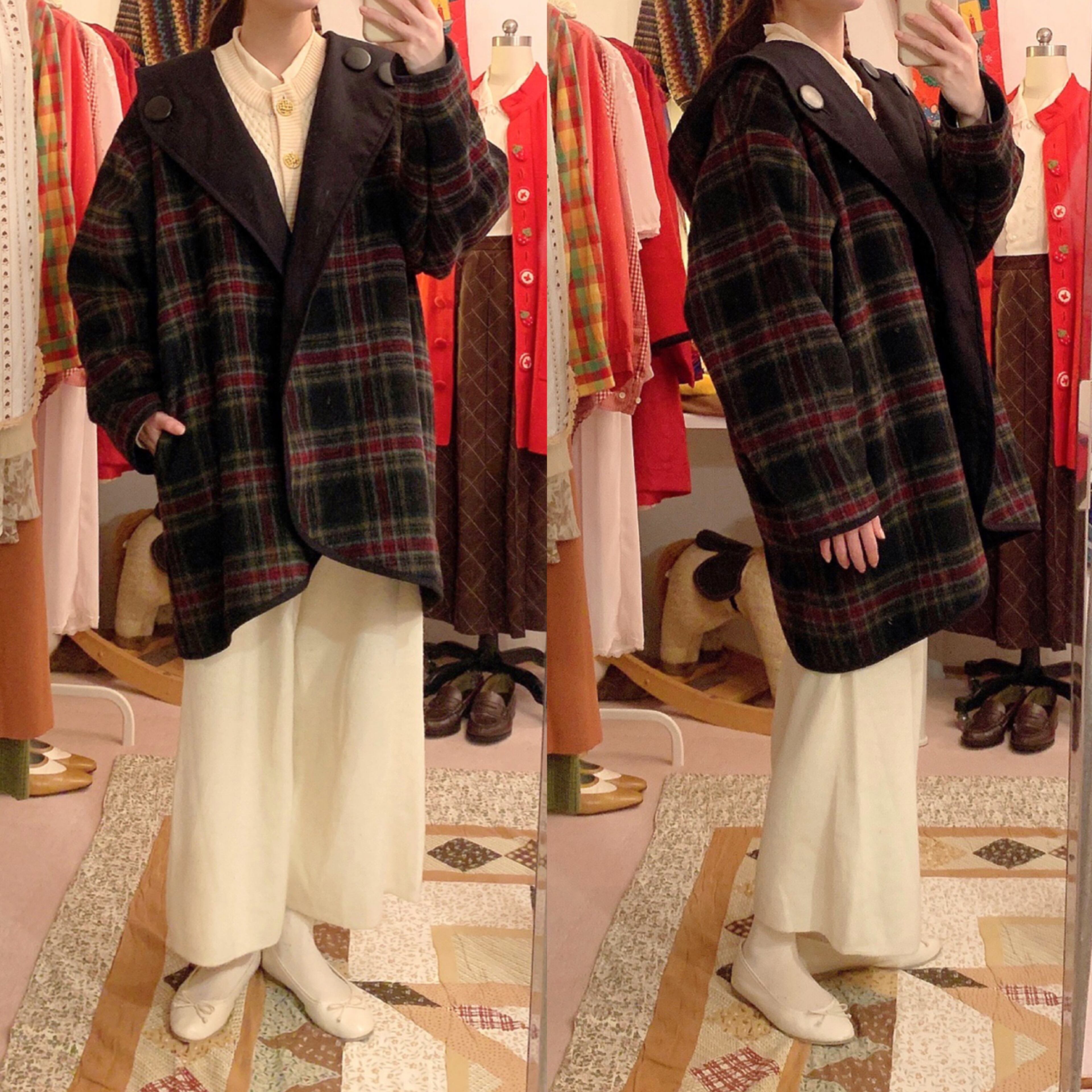 big button check hooded coat