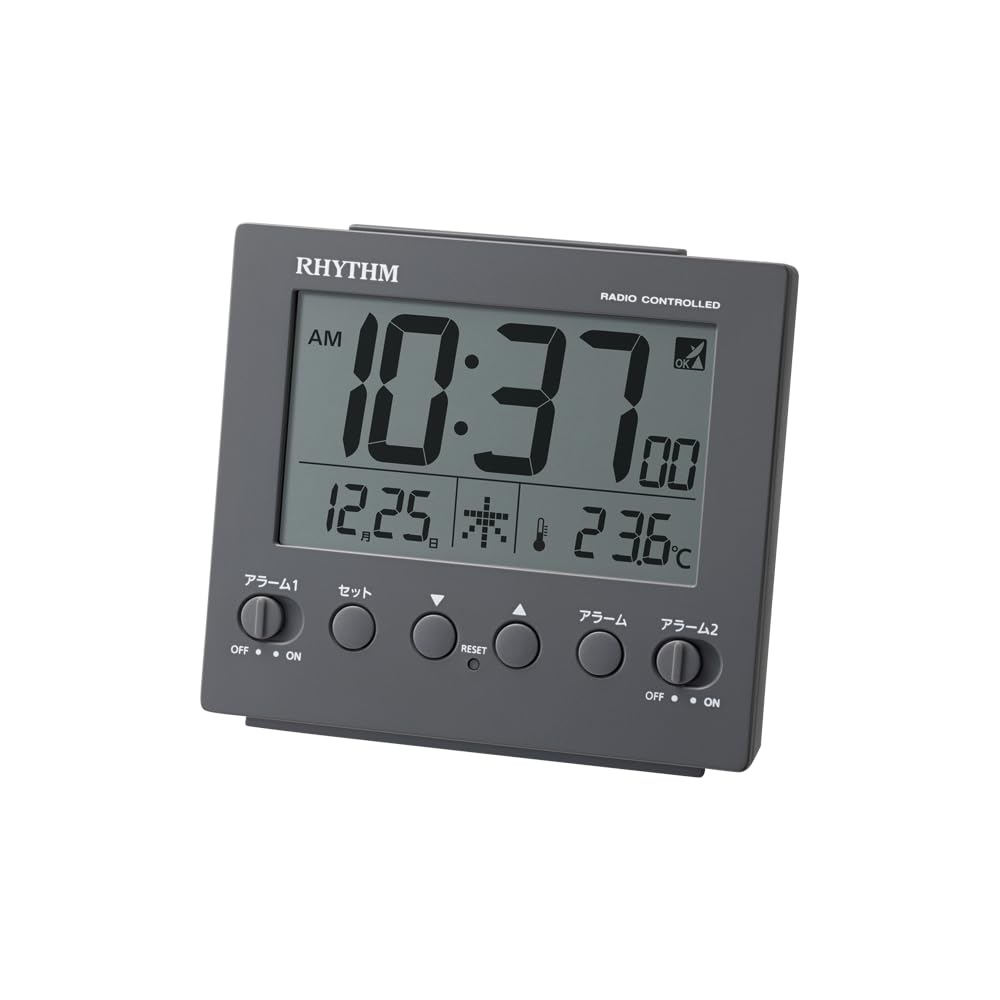 【在庫のみ】リズム(RHYTHM) 目覚まし時計 電波時計 デジタル 電子音 ダブル アラーム (スヌーズ 付) 温度計 ライト カレンダー ダークグレー 9.1×10×4.5cm フィットウェーブ D236 8RZ236SR82