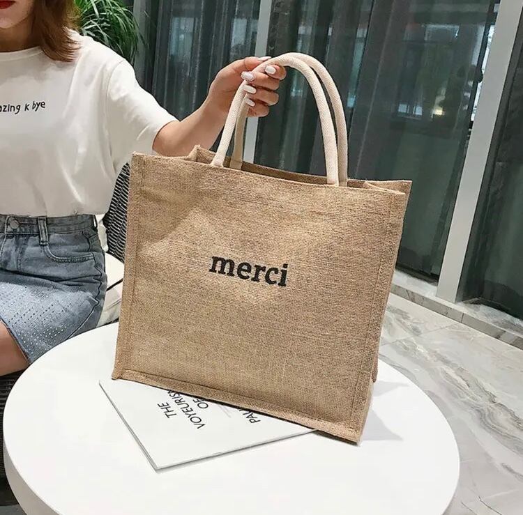 リネン風 merci メルシー  トートバッグ 大きい ハンドバッグ