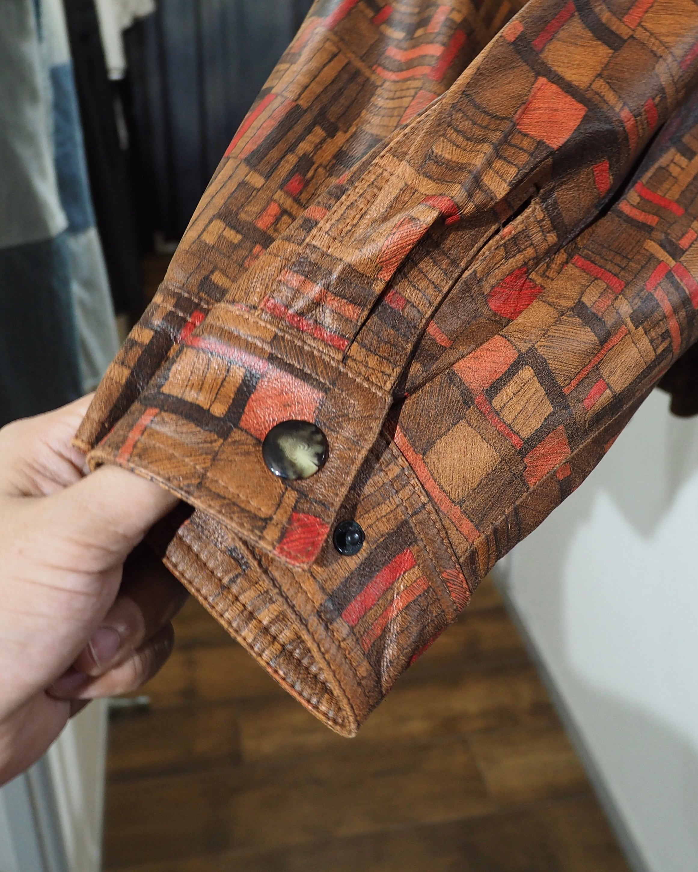 1990s Beautiful Abstract Square Pattern Vintage Loose Sheep Leather Jacket