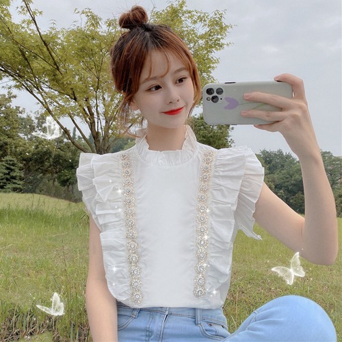 ✞ スタンドカラースリーブビーズ ショートシャツブラウス 大人ガーリー スウィート キュート カジュアル ノースリーブ ステッチ ✞ゴスロリ SM ミリ 甘ロリ クラロリ 和ロリ エレガント 黒ロリ 姫ロリ 華ロリ BB-BB8318380