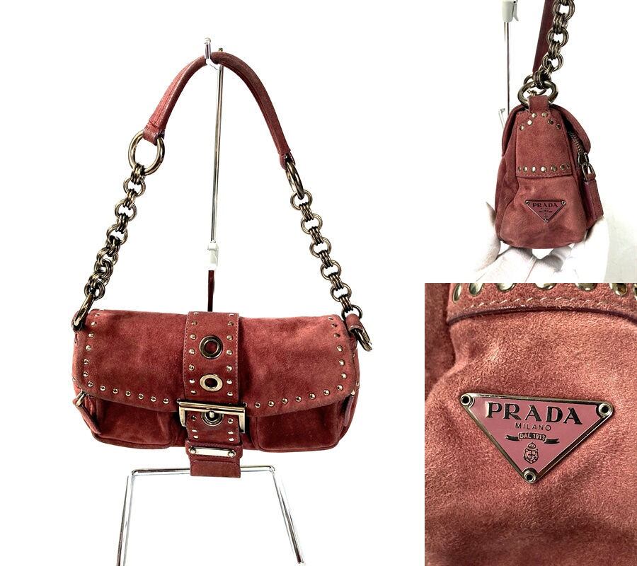 PRADA プラダ チェーン スタッズ ロゴプレート レザー ミニ ハンドバッグ & ショルダーバッグ ワインレッド