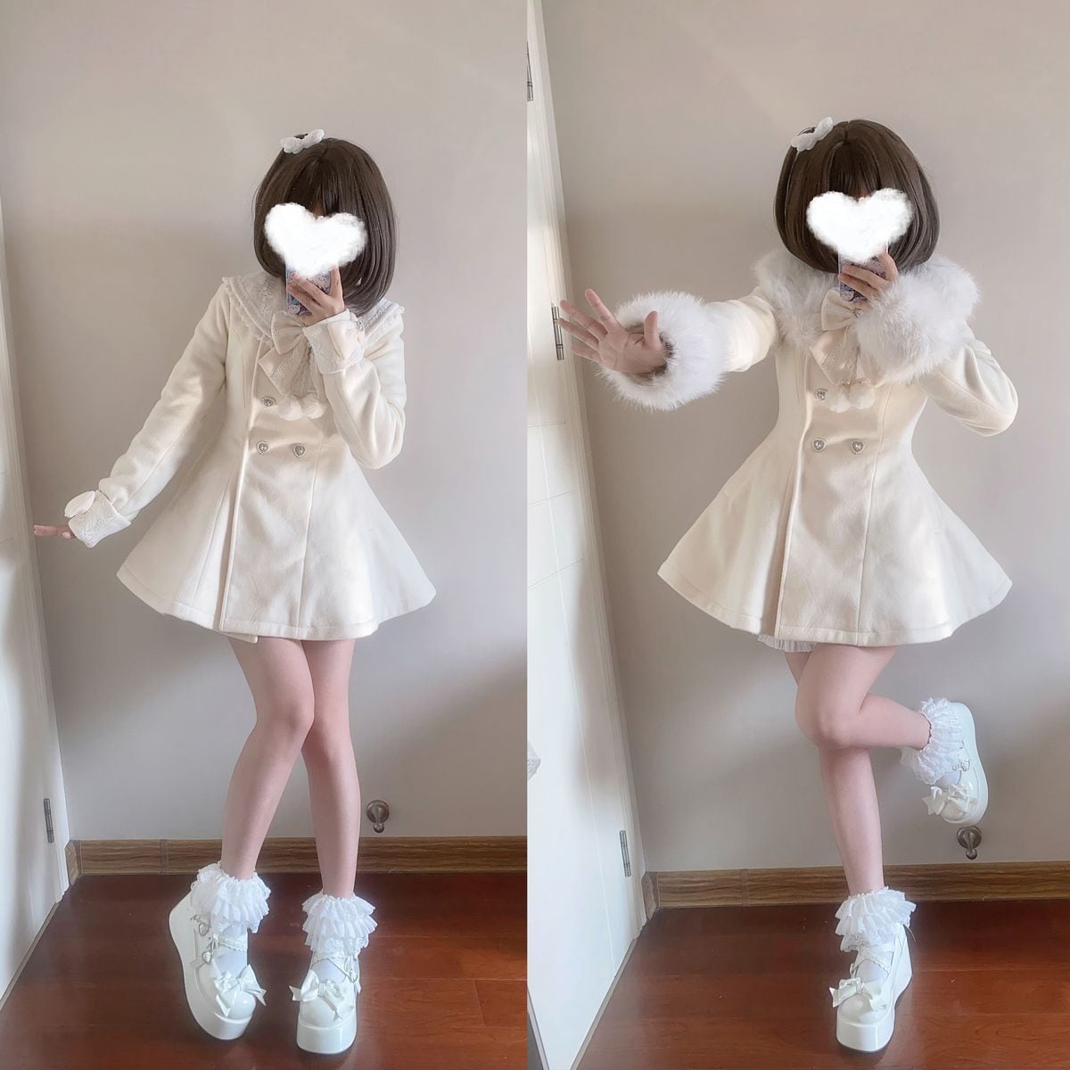 地雷系ダブルブレストファートリムコート | Maiden's Rêve