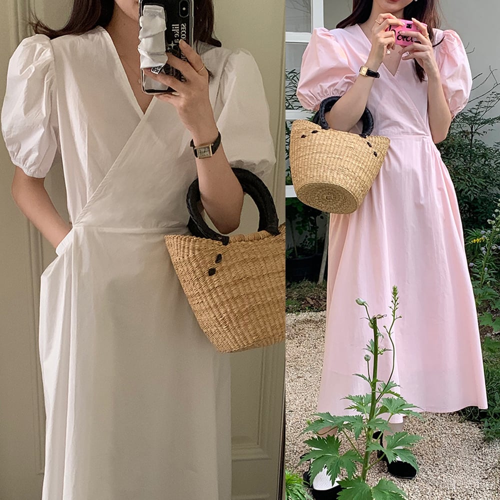 気質 韓国系 Vネック ロングスカート ロングワンピース 全3色