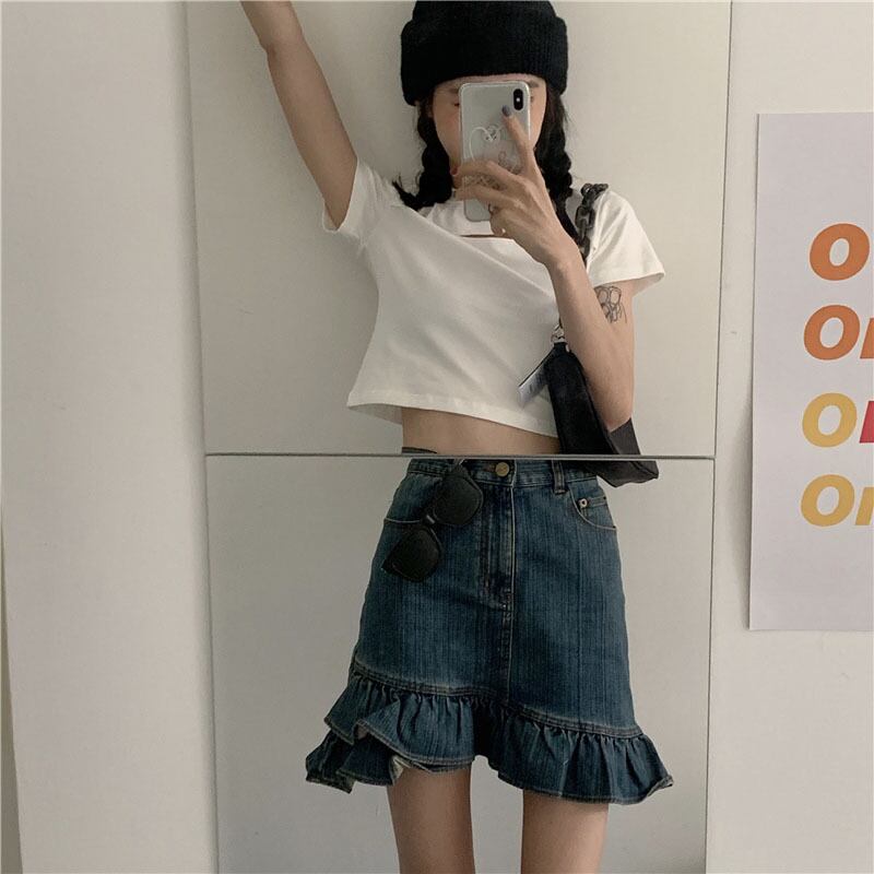 レトロな蓮の葉のラップヒップデニムスカート女性の夏のハイウエスト薄いaラインショートスカート2020新しいスカート ブラックストロベリース7613057827