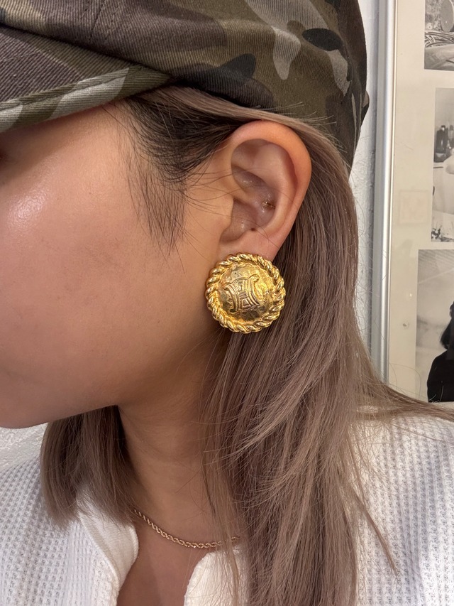 CELINE / vintage logo clip-on gold earrings .
