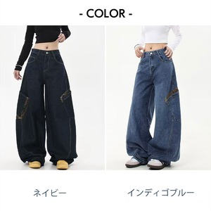 デニム カーブパンツ レディース 韓国 ワイドパンツ アメカジ ストリート 大人 カジュアル レオパード柄ポケット おしゃれ レトロ ゆったり 体型カバー ジーンズ 大人可愛い 大人女子