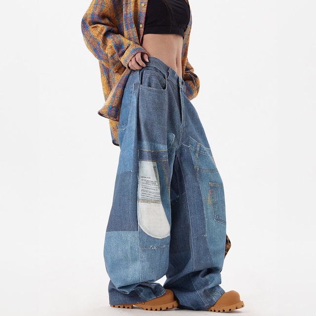 プリントパッチワークルーズデニムパンツ R00664