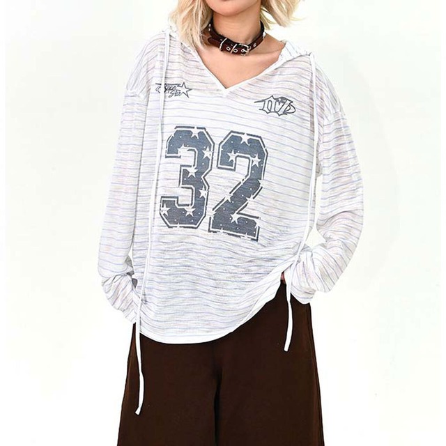 ナンバープリントVネックフーディトップス 2col   R01645