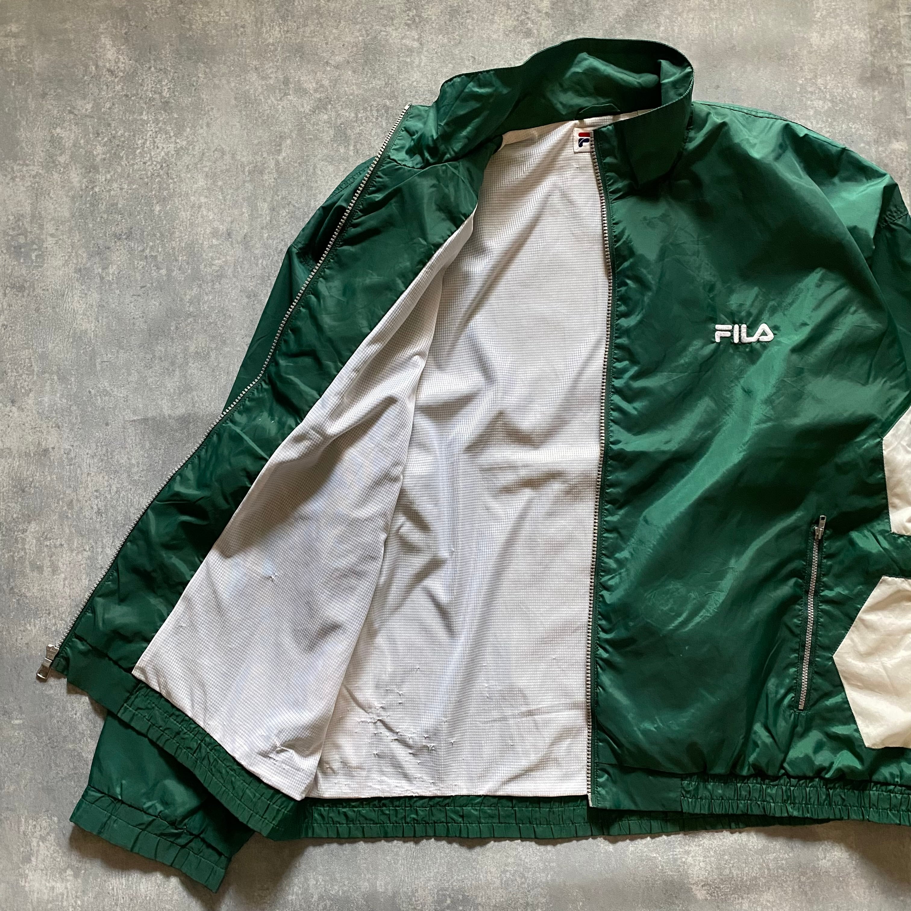 90s FILA フィラ 刺繍ワンポイントロゴ グリーン ナイロンジャケット ...