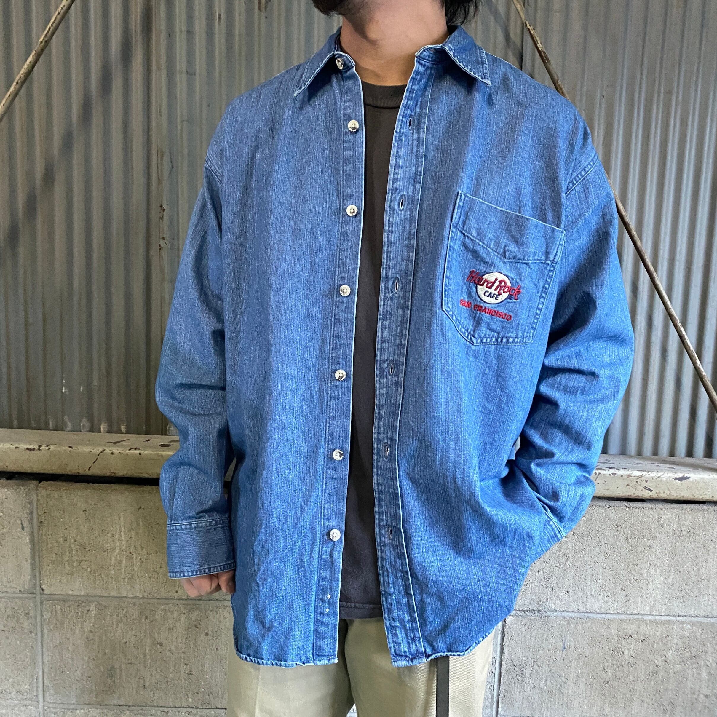 【大人気☆】ハードロックカフェ 長袖シャツ デニム 刺繍 ブルー XL