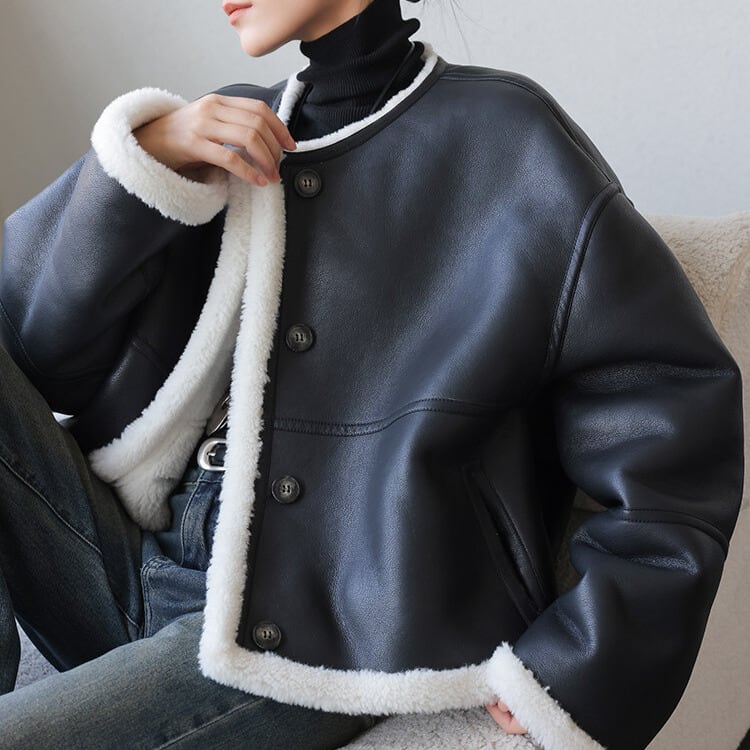 ショート丈 フェイクレザー ボアジャケット 1col H10593