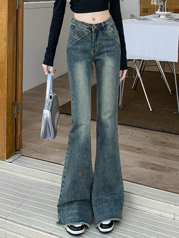 こなれ感とスタイルアップのいいとこ取り ハイウエストフリンジフレアデニム 美脚 脚長 美シルエット 大人 お洒落 カジュアル フリンジ フレアパンツ スリム 大きいサイズ 韓国 CH10402