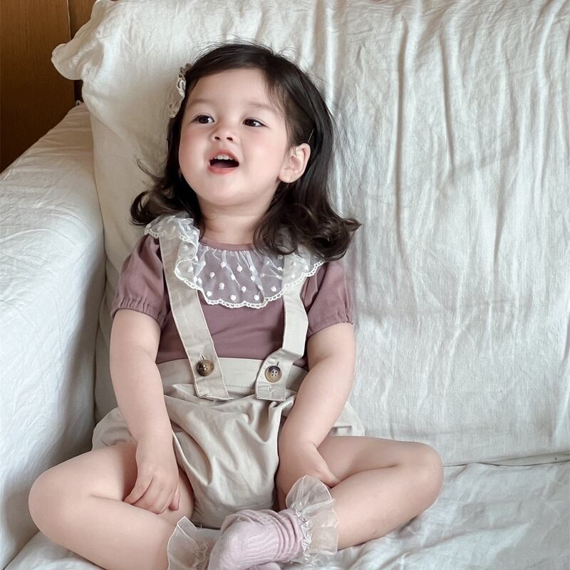 【BABY】韓国風 フリル襟tシャツ、無地サロペット