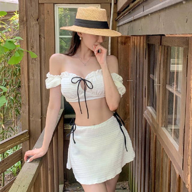 【3点セット】水着 パフスリーブ セパレート水着 リボン ベージュ M L XL