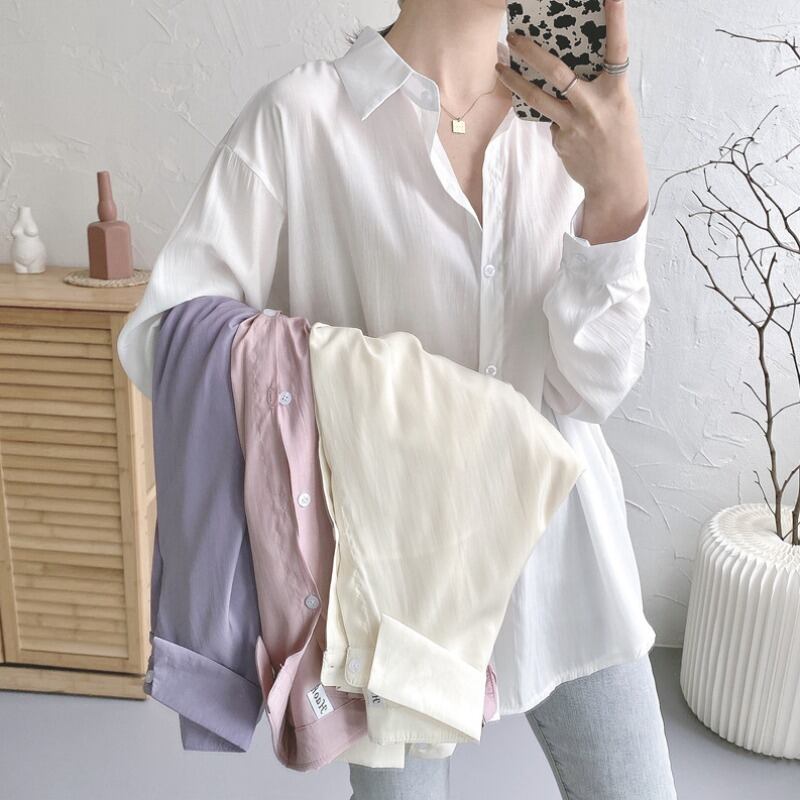 シャツ スプリングサマーソリッド カラールーズ ロング 春物 夏物 ソリッドカラー 1号婦人1326325037