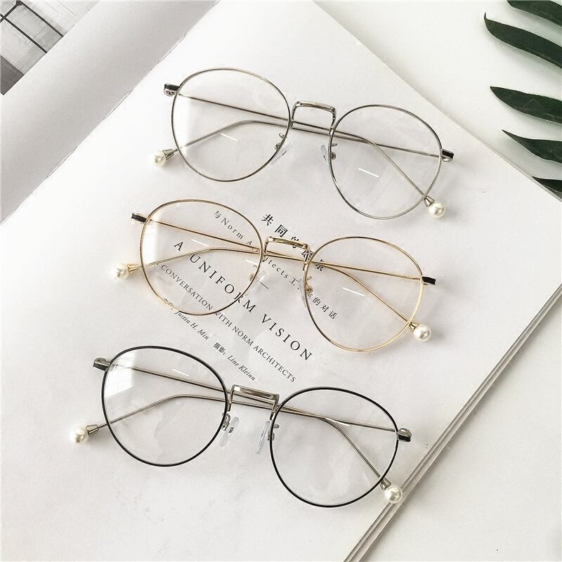 レトロラウンドフレームフラットミラーパーソナリティパールテンプルネットレッドグレは近視の女性の薄い文学装飾ミラータイドを装備することができます ブラック・アイド・ピーズ71632770442