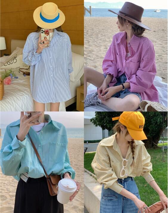 新作 レディース トップス シャツ 長袖 レトロ 縦縞 カジュアル 日焼け止め