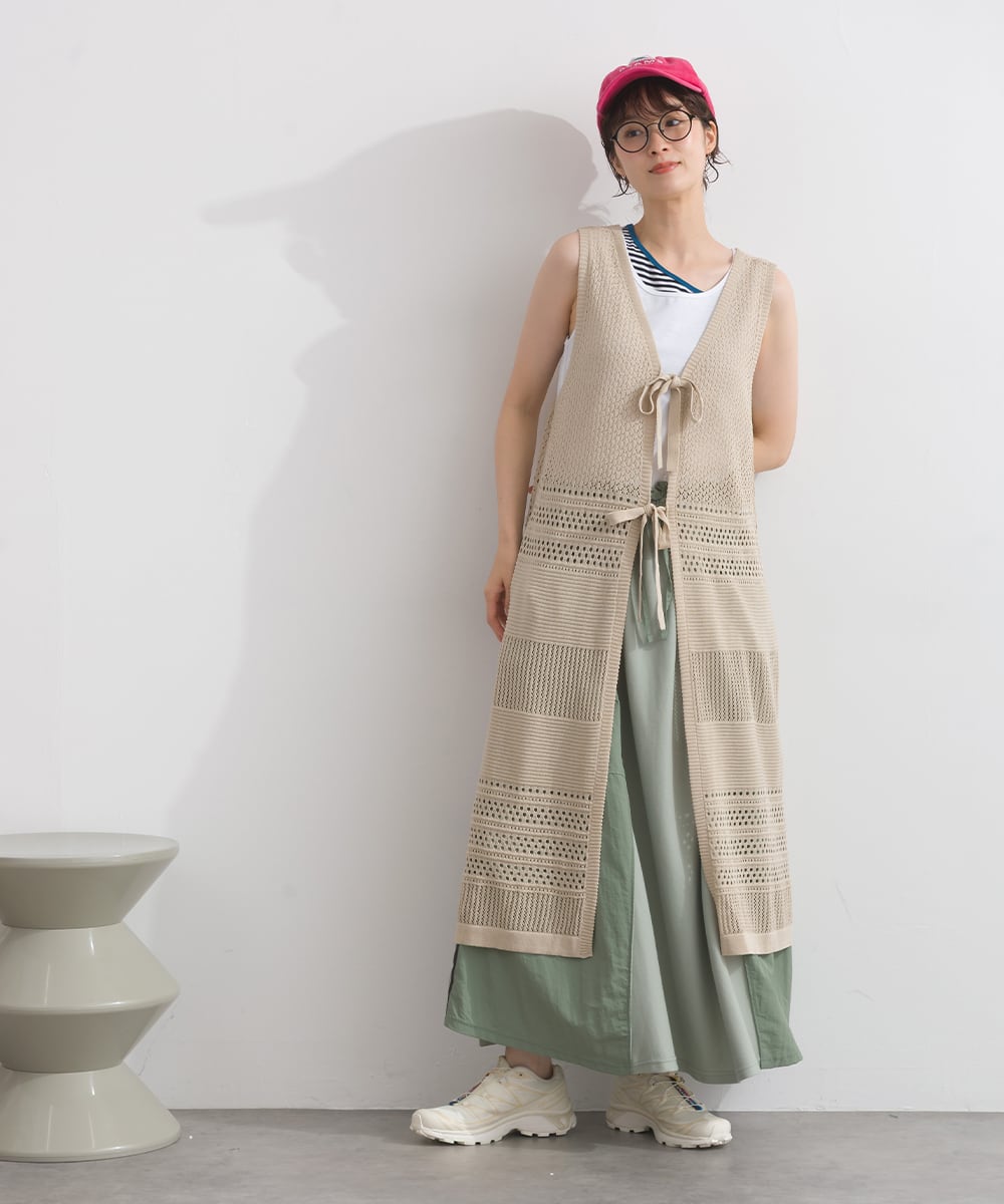 P262050 編み地切替ロングニットジレ / Pattern Knit Long Vest Dress