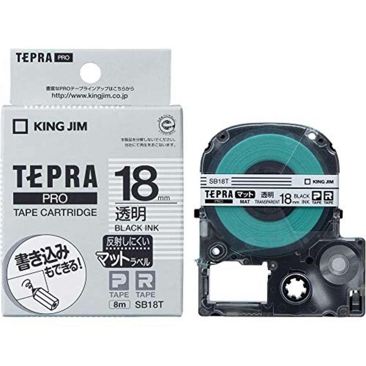 【純正】 キングジム(Kingjim) テプラPROテープカートリッジ マット 18mm 透明ラベル/黒文字 長さ8m SB18T