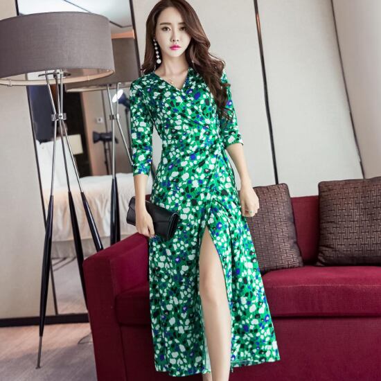 ワンピース 花柄 フラワー 格子柄 ロング丈 マキシ丈 七分袖 半端袖 ウエストリボン ウエストマーク Vネック スリット タイト スタイルアップ 美脚 ビビットグリーン グリーン 緑 ピンク ブラック 黒 エレガント セクシー 大人 大きいサイズ レディース Sea Sign Post