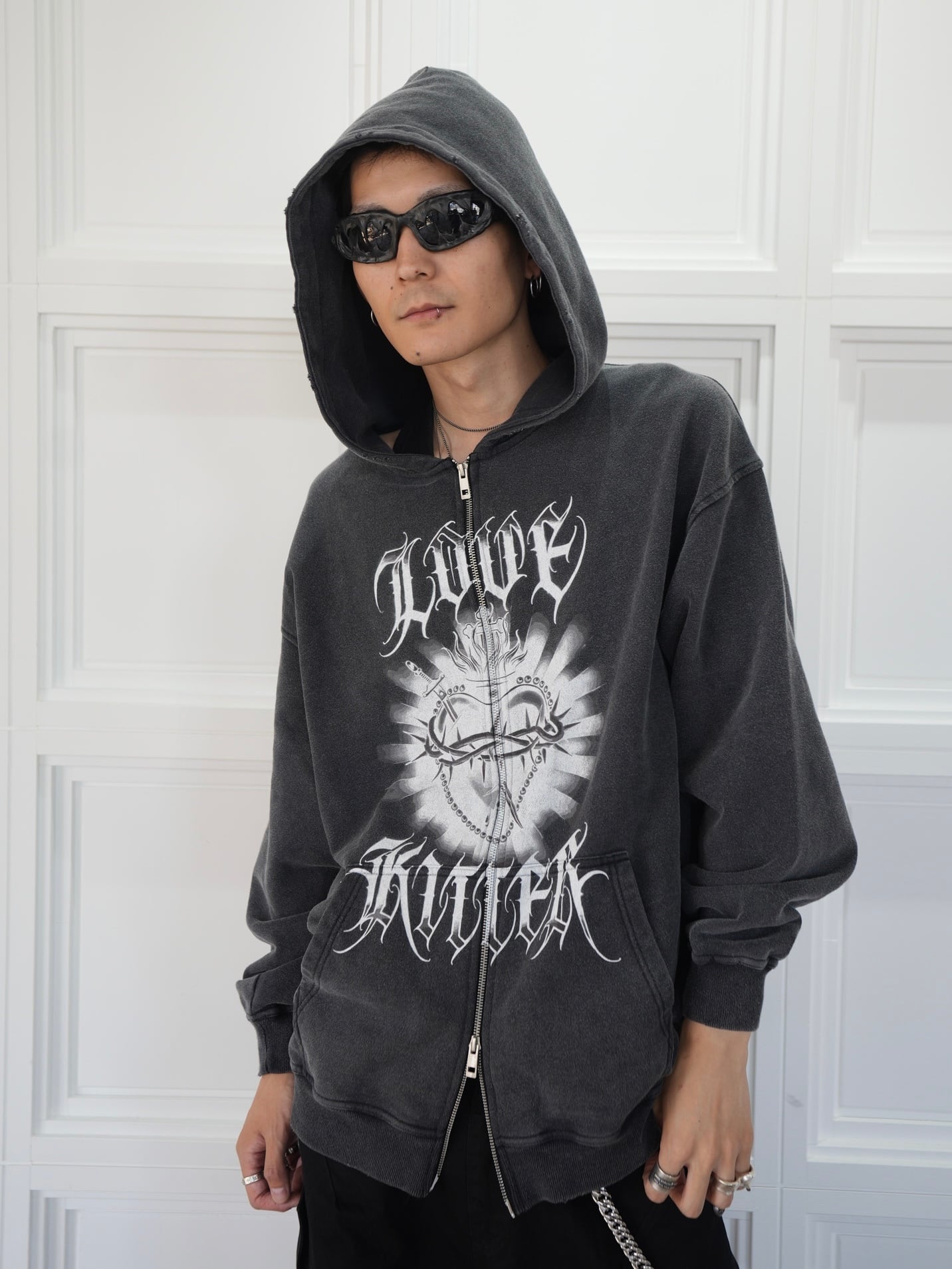 LOVE KILLER】Killer heart barbed wire oversize zip hoodie