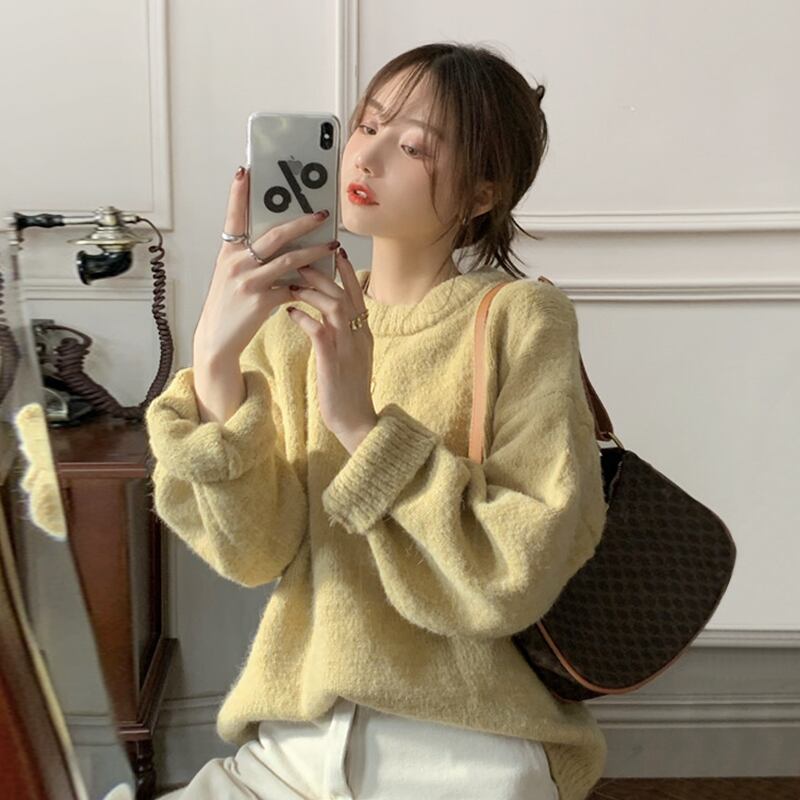 イエロープルオーバー セーター レディースルーズトップス ウィンター 冬物 萌量不足30848074277